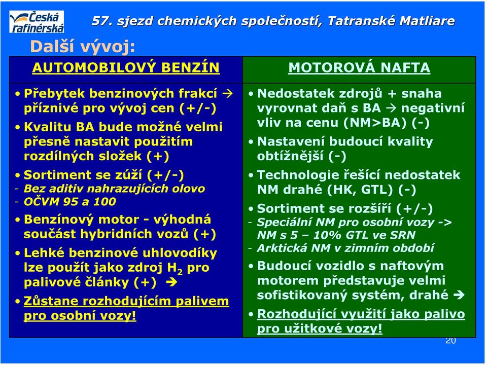 nahrazujících olovo - OČVM 95 a 100 Benzínový motor - výhodná součást hybridních vozů (+) Lehké benzinové uhlovodíky lze použít jako zdroj H 2 pro palivové články (+) Zůstane rozhodujícím palivem pro