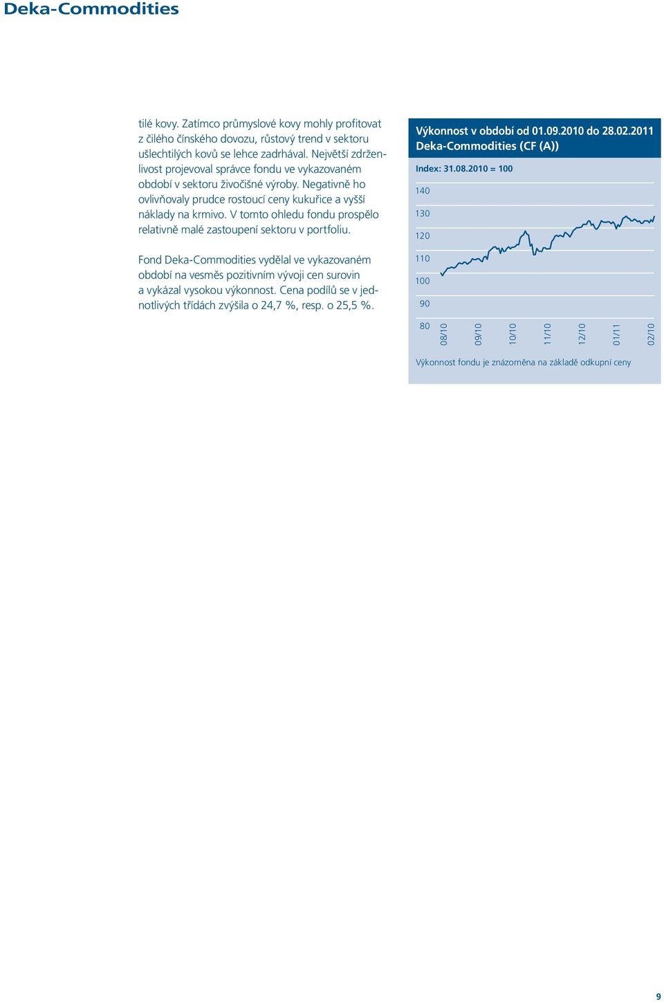 V tomto ohledu fondu prospělo relativně malé zastoupení sektoru v portfoliu. Fond Deka-Commodities vydělal ve vykazovaném období na vesměs pozitivním vývoji cen surovin a vykázal vysokou výkonnost.