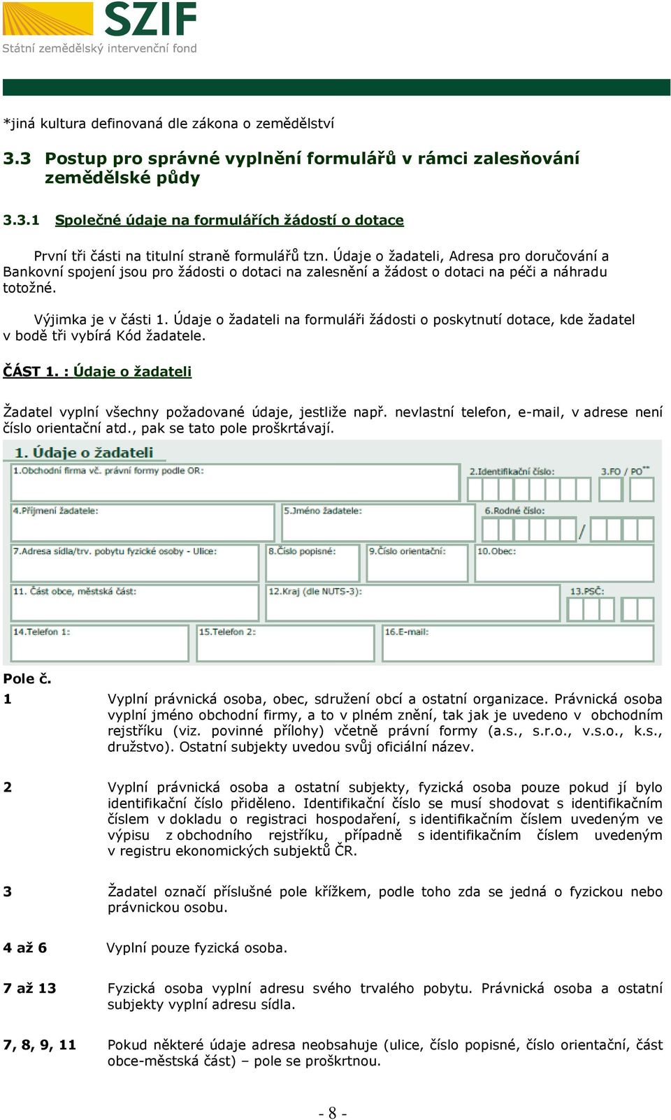 Údaje o žadateli na formuláři žádosti o poskytnutí dotace, kde žadatel v bodě tři vybírá Kód žadatele. ČÁST 1. : Údaje o žadateli Žadatel vyplní všechny požadované údaje, jestliže např.