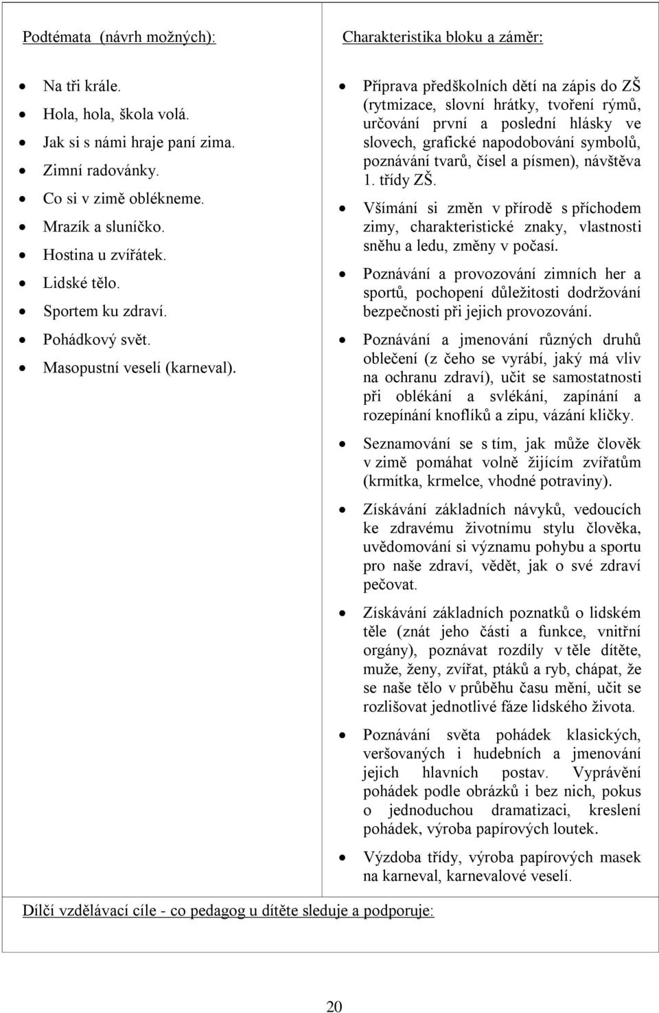 Příprava předškolních dětí na zápis do ZŠ (rytmizace, slovní hrátky, tvoření rýmů, určování první a poslední hlásky ve slovech, grafické napodobování symbolů, poznávání tvarů, čísel a písmen),