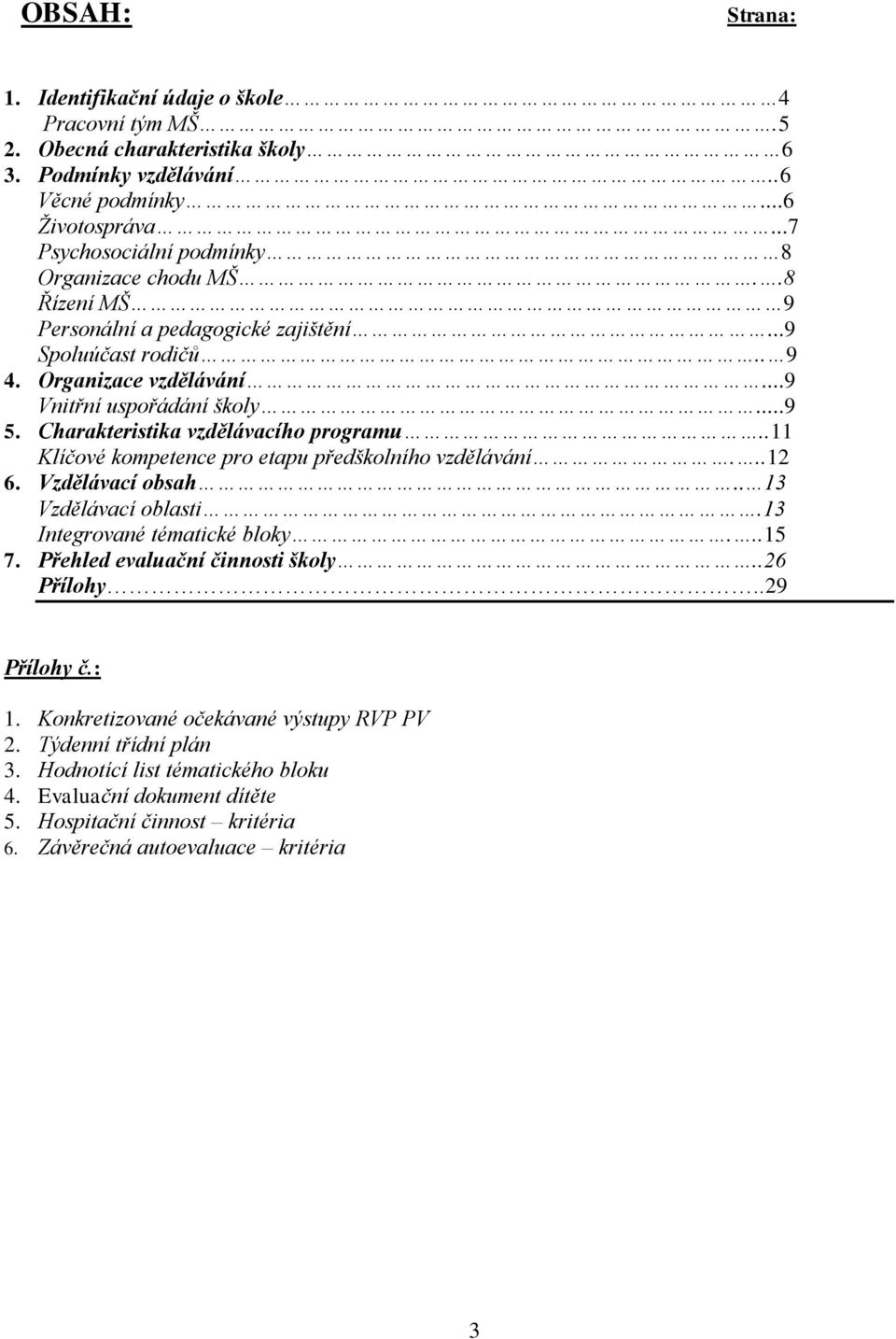 Charakteristika vzdělávacího programu..11 Klíčové kompetence pro etapu předškolního vzdělávání...12 6. Vzdělávací obsah.. 13 Vzdělávací oblasti.13 Integrované tématické bloky...15 7.