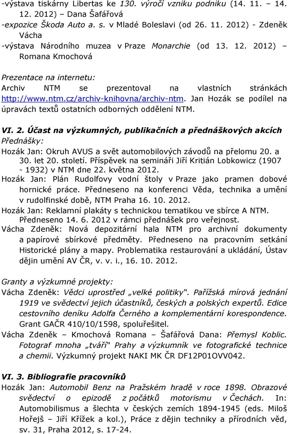 Jan Hozák se podílel na úpravách textů ostatních odborných oddělení NTM. VI. 2.