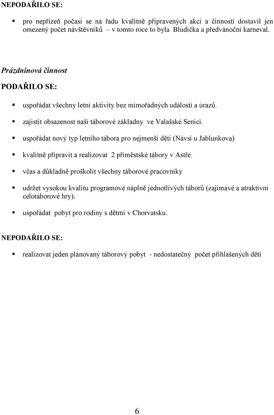 uspořádat nový typ letního tábora pro nejmenší děti (Návsí u Jablunkova) kvalitně připravit a realizovat 2 příměstské tábory v Astře.