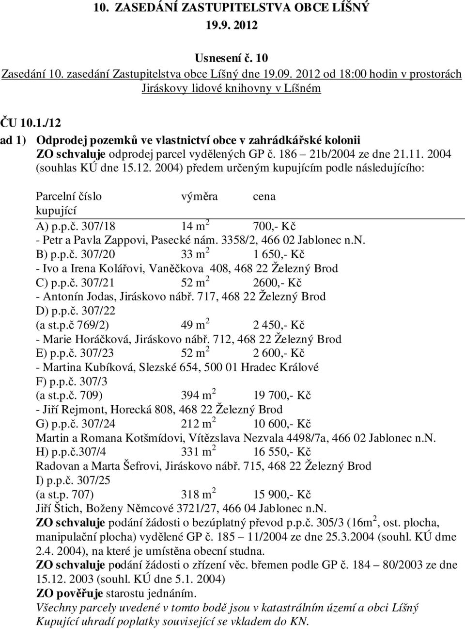 3358/2, 466 02 Jablonec n.n. B) p.p.č. 307/20 33 m 2 1 650,- Kč - Ivo a Irena Kolářovi, Vaněčkova 408, 468 22 Železný Brod C) p.p.č. 307/21 52 m 2 2600,- Kč - Antonín Jodas, Jiráskovo nábř.