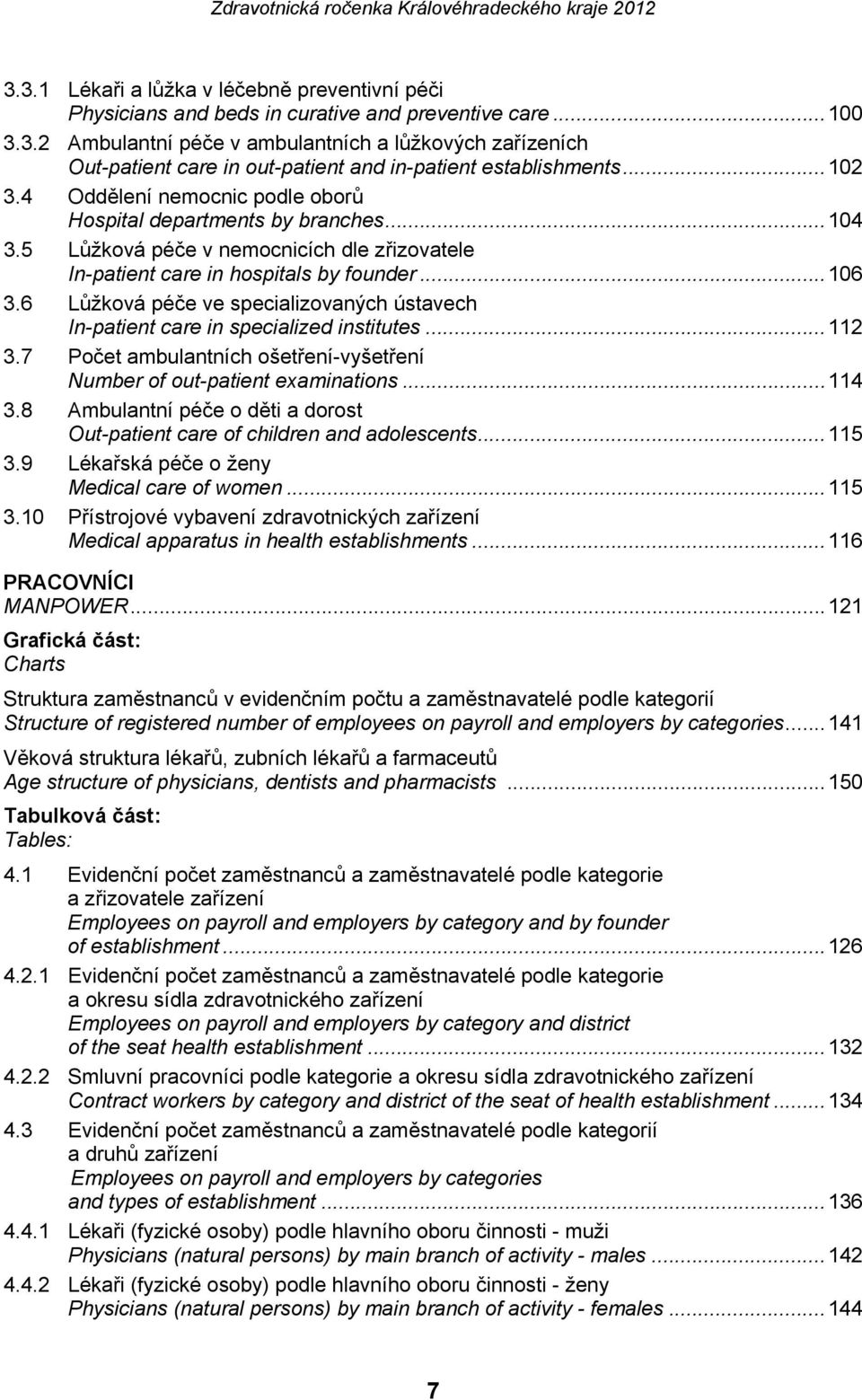 6 Lůžková péče ve specializovaných ústavech In-patient care in specialized institutes...112 3.7 Počet ambulantních ošetření-vyšetření Number of out-patient examinations...114 3.