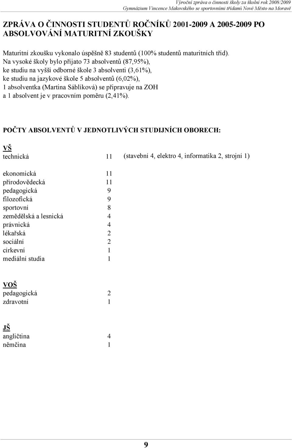 Sáblíková) se připravuje na ZOH a 1 absolvent je v pracovním poměru (2,41%).