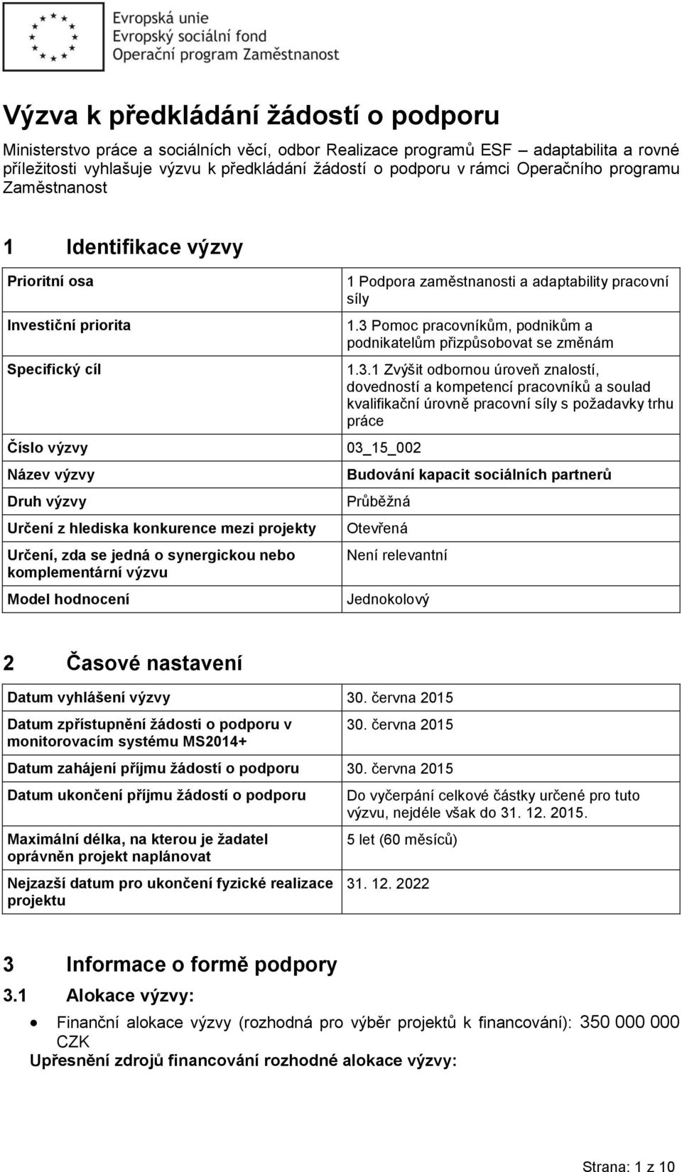 jedná o synergickou nebo komplementární výzvu Model hodnocení 1 Podpora zaměstnanosti a adaptability pracovní síly 1.3 