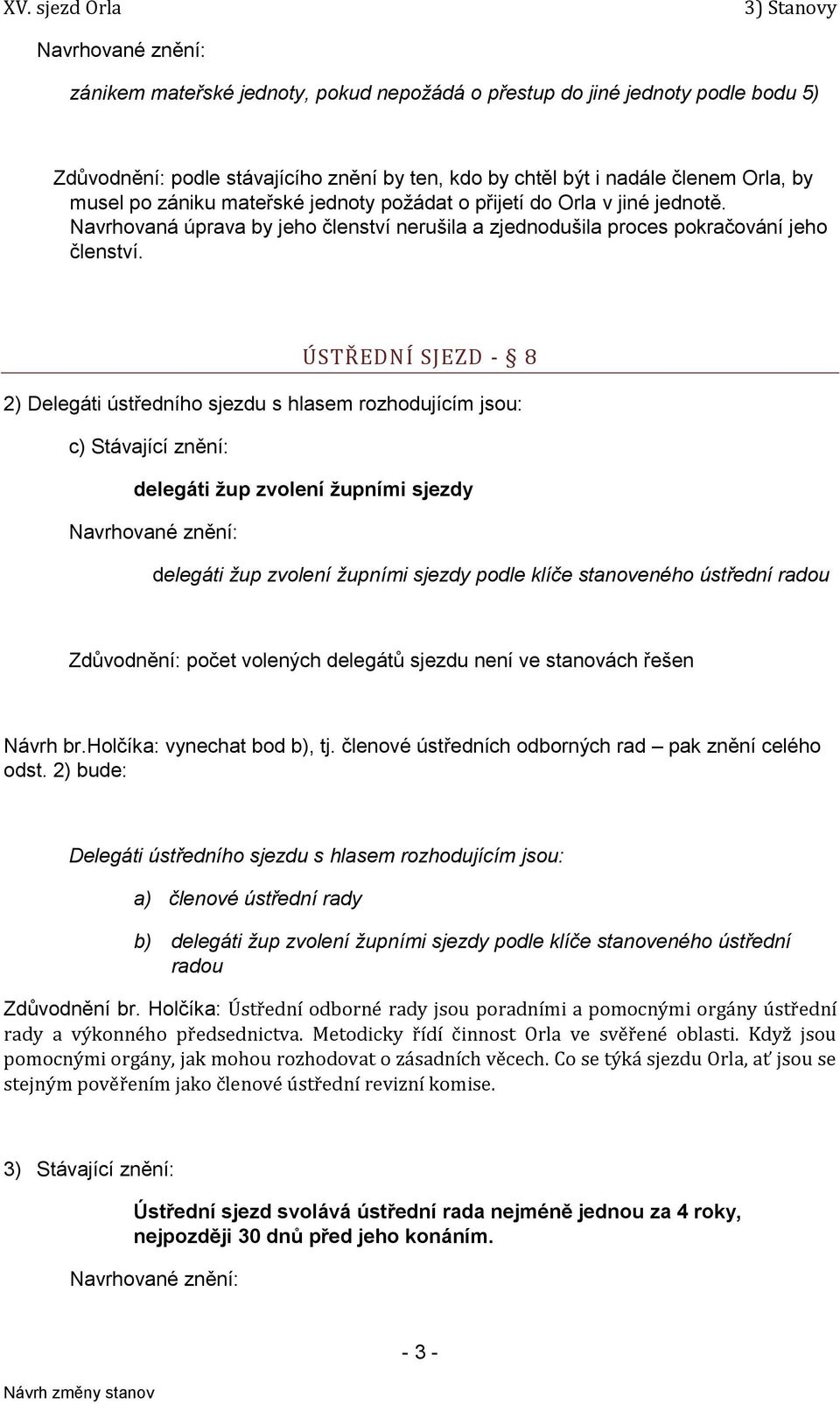 ÚSTŘEDNÍ SJEZD - 8 2) Delegáti ústředního sjezdu s hlasem rozhodujícím jsou: c) Stávající znění: delegáti žup zvolení župními sjezdy delegáti žup zvolení župními sjezdy podle klíče stanoveného