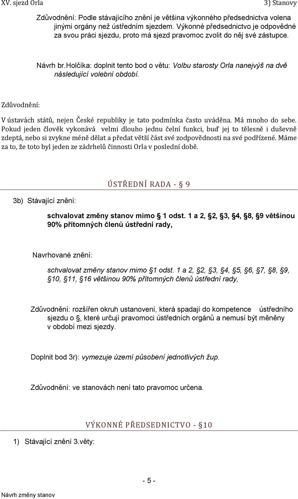 holčíka: doplnit tento bod o větu: Volbu starosty Orla nanejvýš na dvě následující volební období. Zdůvodnění: V ústavách států, nejen České republiky je tato podmínka často uváděna. Má mnoho do sebe.