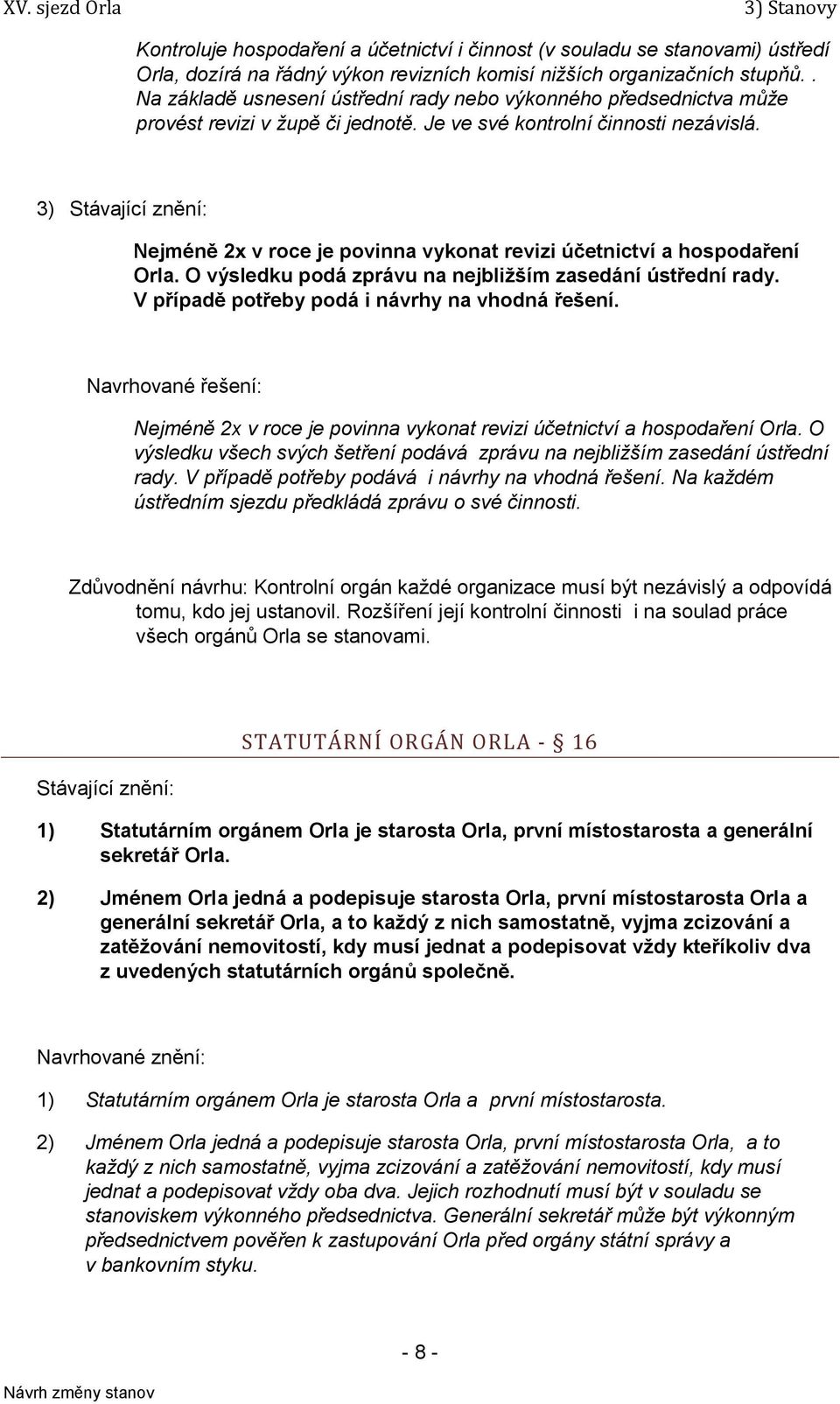 3) Stávající znění: Nejméně 2x v roce je povinna vykonat revizi účetnictví a hospodaření Orla. O výsledku podá zprávu na nejbližším zasedání ústřední rady.