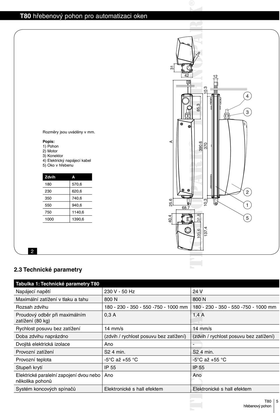 3 Technické parametry Tabulka 1: Technické parametry Napájecí napětí 230 V - 50 Hz 24 V Maximální zatížení v tlaku a tahu 800 N 800 N Rozsah zdvihu 180-230 - 350-550 -750-1000 mm 180-230 - 350-550