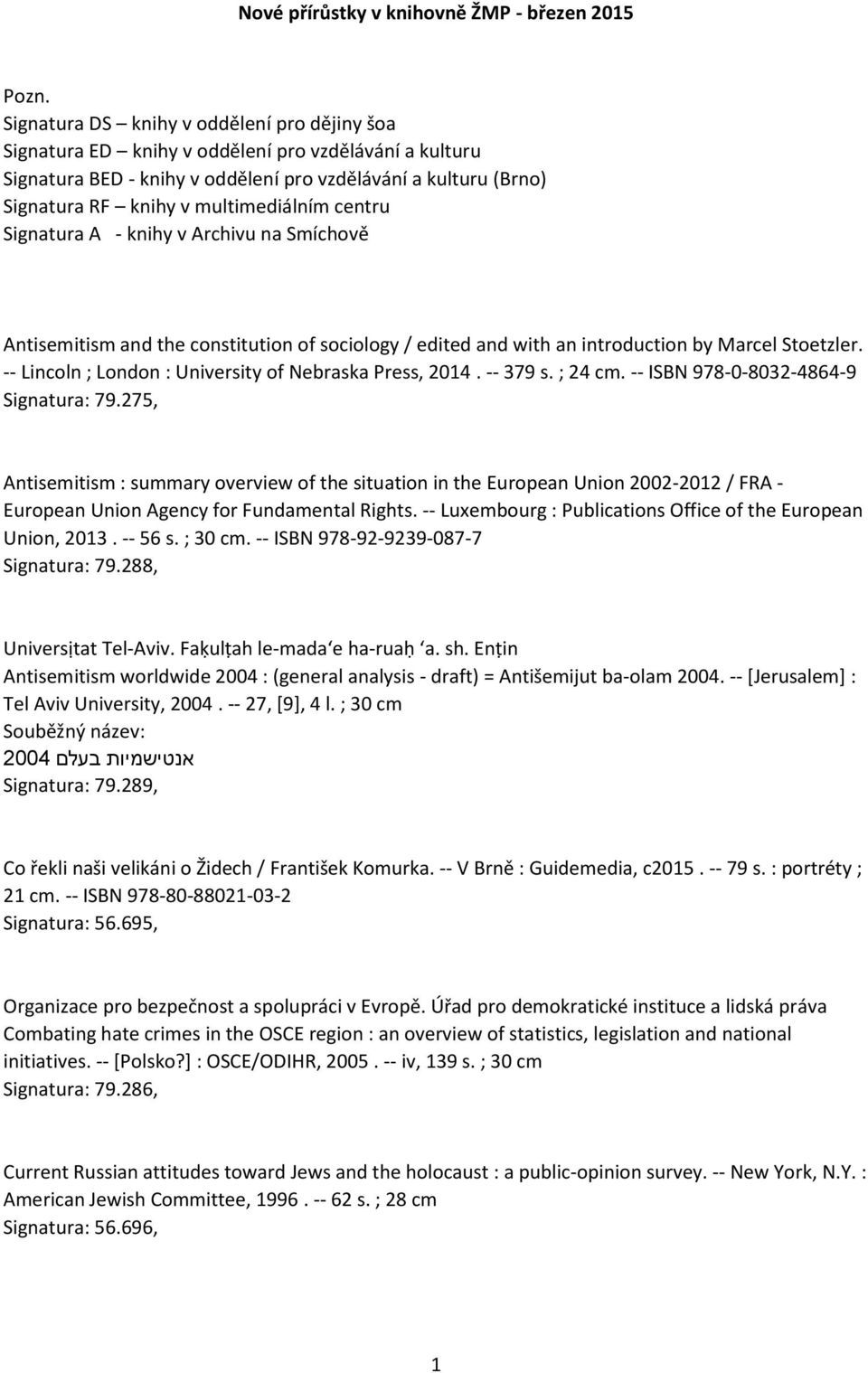 multimediálním centru Signatura A - knihy v Archivu na Smíchově Antisemitism and the constitution of sociology / edited and with an introduction by Marcel Stoetzler.