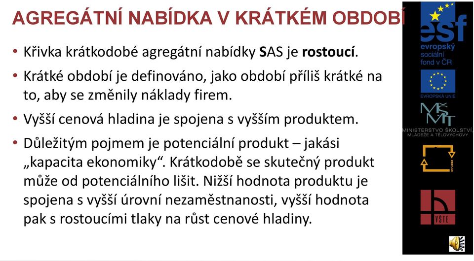 Vyšší cenová hladina je spojena s vyšším produktem. Důležitým pojmem je potenciální produkt jakási kapacita ekonomiky.