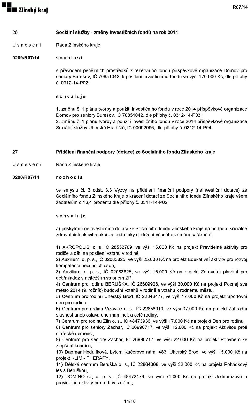 1 plánu tvorby a použití investičního fondu v roce 2014 příspěvkové organizace Domov pro seniory Burešov, IČ 70851042, dle přílohy č. 0312-14-P03; 2. změnu č.