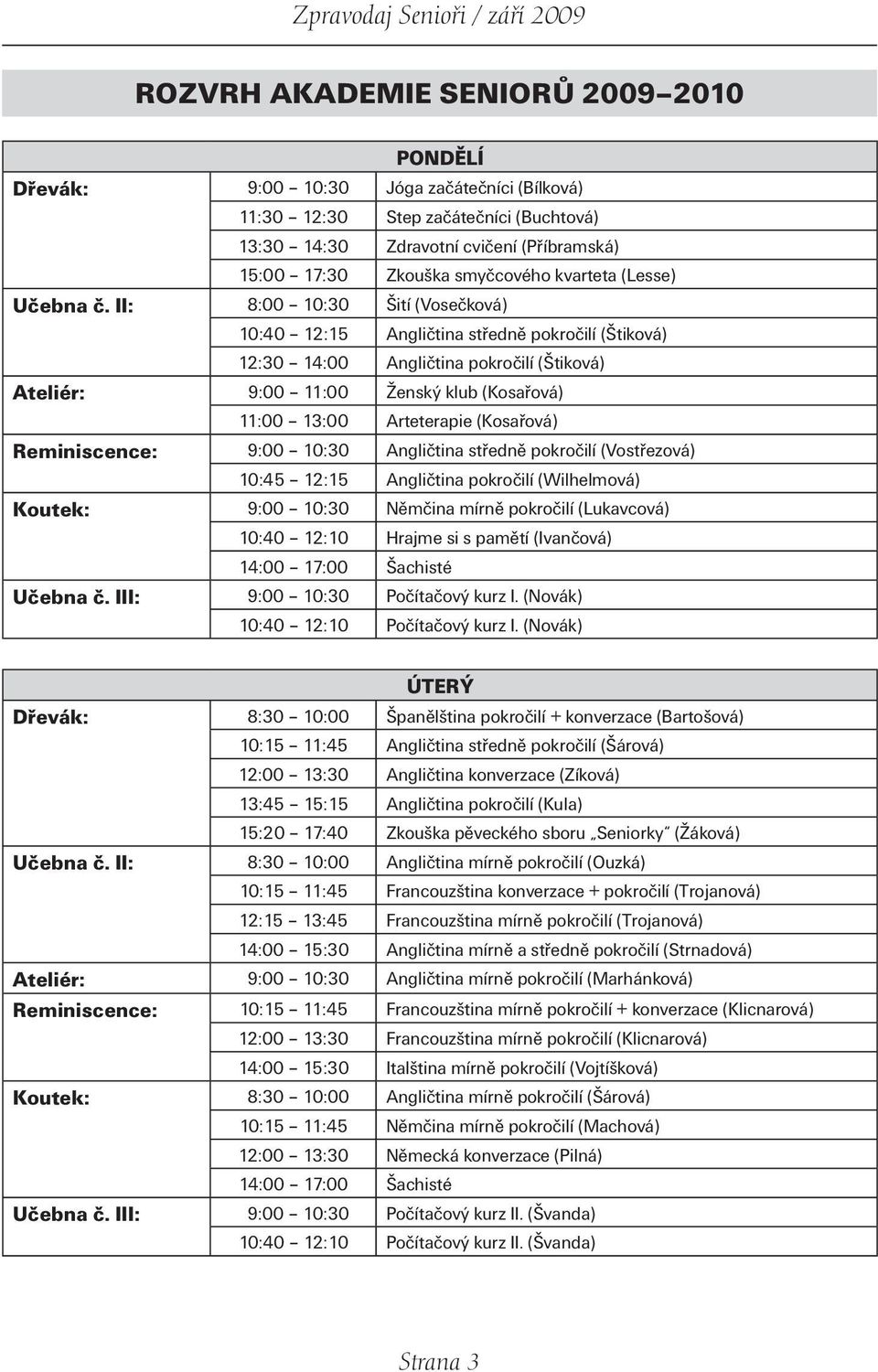 II: 8:00 10:30 Šití (Vosečková) 10:40 12:15 Angličtina středně pokročilí (Štiková) 12:30 14:00 Angličtina pokročilí (Štiková) Ateliér: 9:00 11:00 Ženský klub (Kosařová) 11:00 13:00 Arteterapie