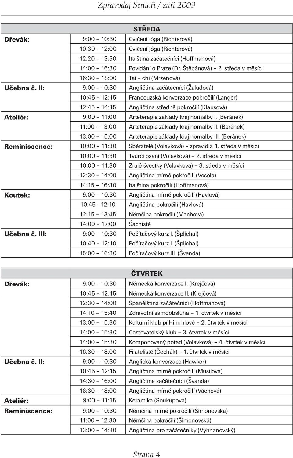 II: 9:00 10:30 Angličtina začátečníci (Žaludová) 10:45 12:15 Francouzská konverzace pokročilí (Langer) 12:45 14:15 Angličtina středně pokročilí (Klausová) Ateliér: 9:00 11:00 Arteterapie základy