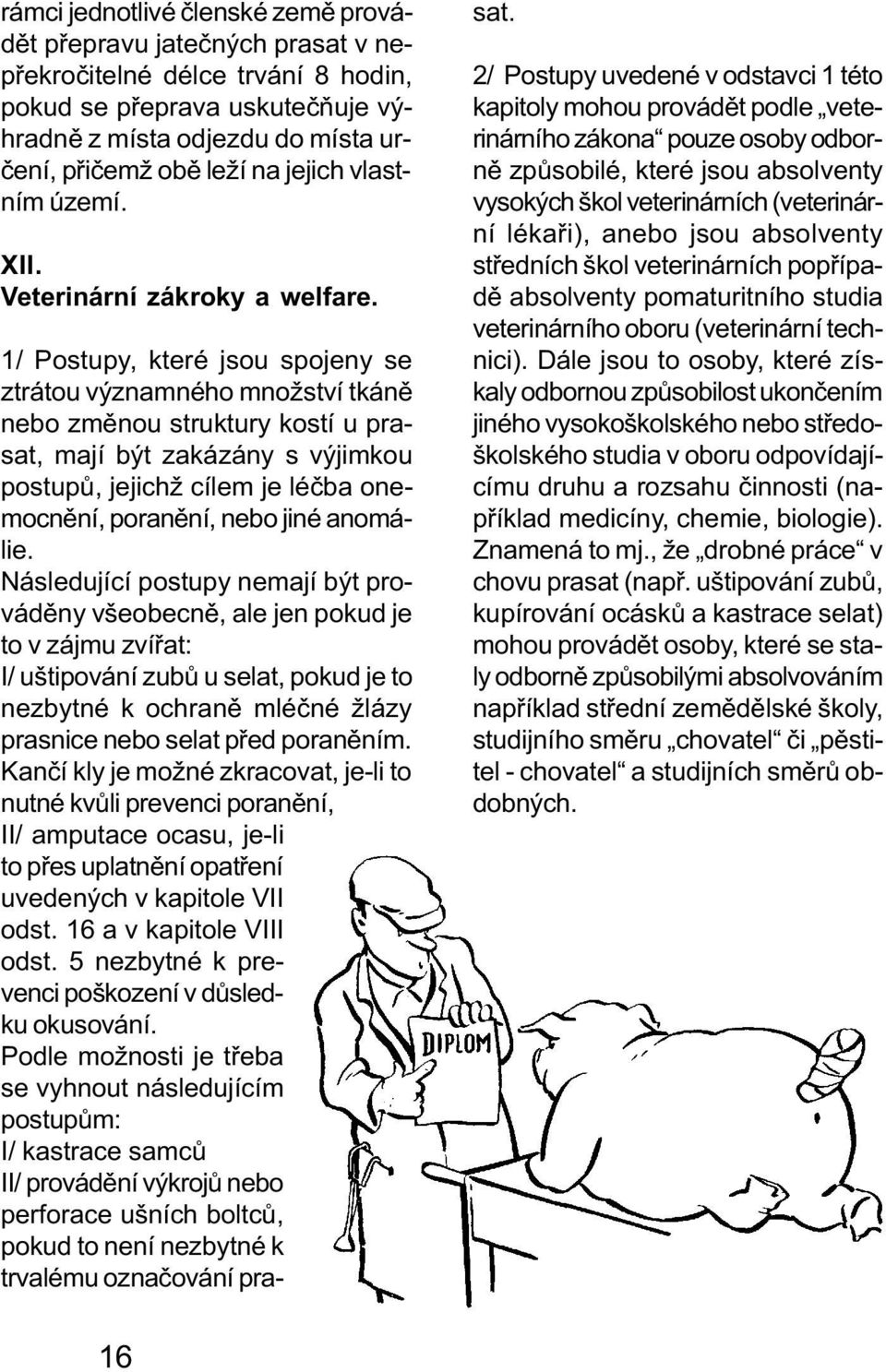 1/ Postupy, které jsou spojeny se ztrátou významného množství tkánì nebo zmìnou struktury kostí u prasat, mají být zakázány s výjimkou postupù, jejichž cílem je léèba onemocnìní, poranìní, nebo jiné