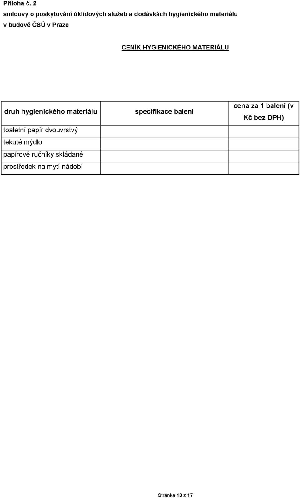 budově ČSÚ v Praze CENÍK HYGIENICKÉHO MATERIÁLU druh hygienického materiálu