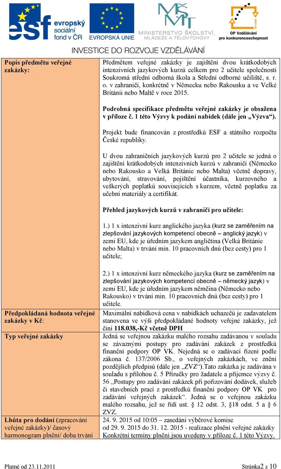 1 této Výzvy k podání nabídek (dále jen Výzva ). Projekt bude financován z prostředků ESF a státního rozpočtu České republiky.