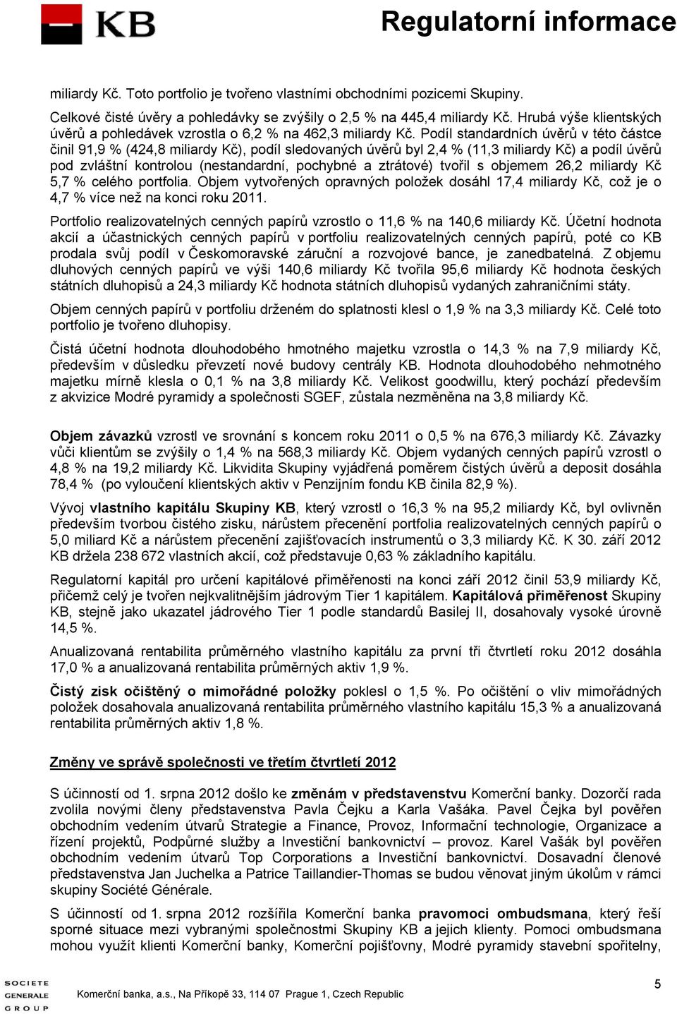 Podíl standardních úvěrů v této částce činil 91,9 % (424,8 miliardy Kč), podíl sledovaných úvěrů byl 2,4 % (11,3 miliardy Kč) a podíl úvěrů pod zvláštní kontrolou (nestandardní, pochybné a ztrátové)