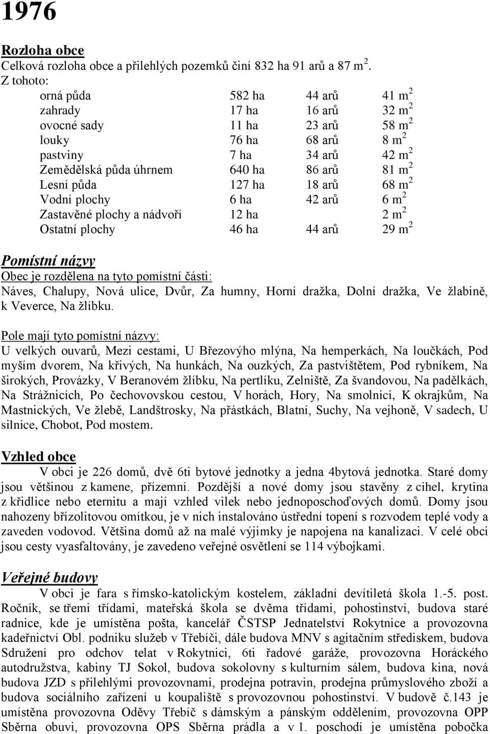 Lesní půda 127 ha 18 arů 68 m 2 Vodní plochy 6 ha 42 arů 6 m 2 Zastavěné plochy a nádvoří 12 ha 2 m 2 Ostatní plochy 46 ha 44 arů 29 m 2 Pomístní názvy Obec je rozdělena na tyto pomístní části: