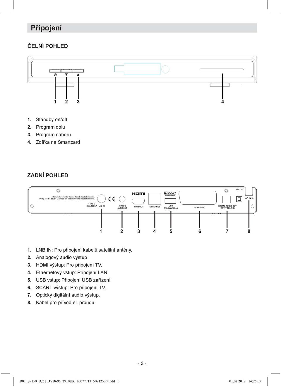 /TOSLINK) 1 2 3 4 5 6 7 8 1. 2. 3. 4. 5. 6. 7. 8. LNB IN: Pro připojení kabelů satelitní antény. Analogový audio výstup HDMI výstup: Pro připojení TV.