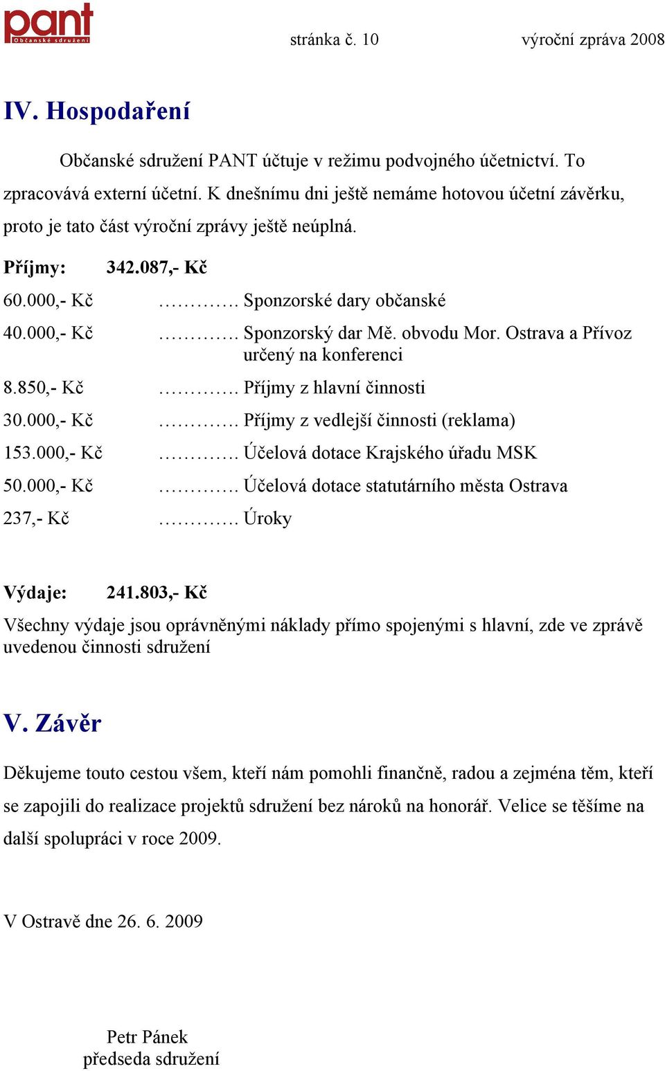 obvodu Mor. Ostrava a Přívoz určený na konferenci 8.850,- Kč. Příjmy z hlavní činnosti 30.000,- Kč. Příjmy z vedlejší činnosti (reklama) 153.000,- Kč. Účelová dotace Krajského úřadu MSK 50.000,- Kč. Účelová dotace statutárního města Ostrava 237,- Kč.