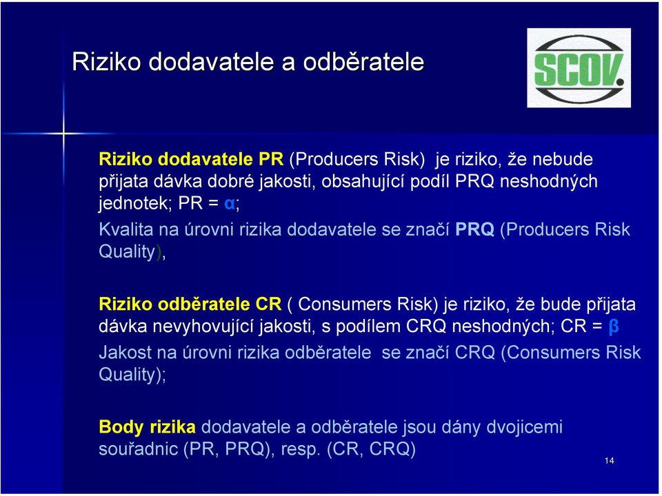 ( Consumers Risk) je riziko, že bude přijata dávka nevyhovující jakosti, s podílem CRQ neshodných; CR = β Jakost na úrovni rizika