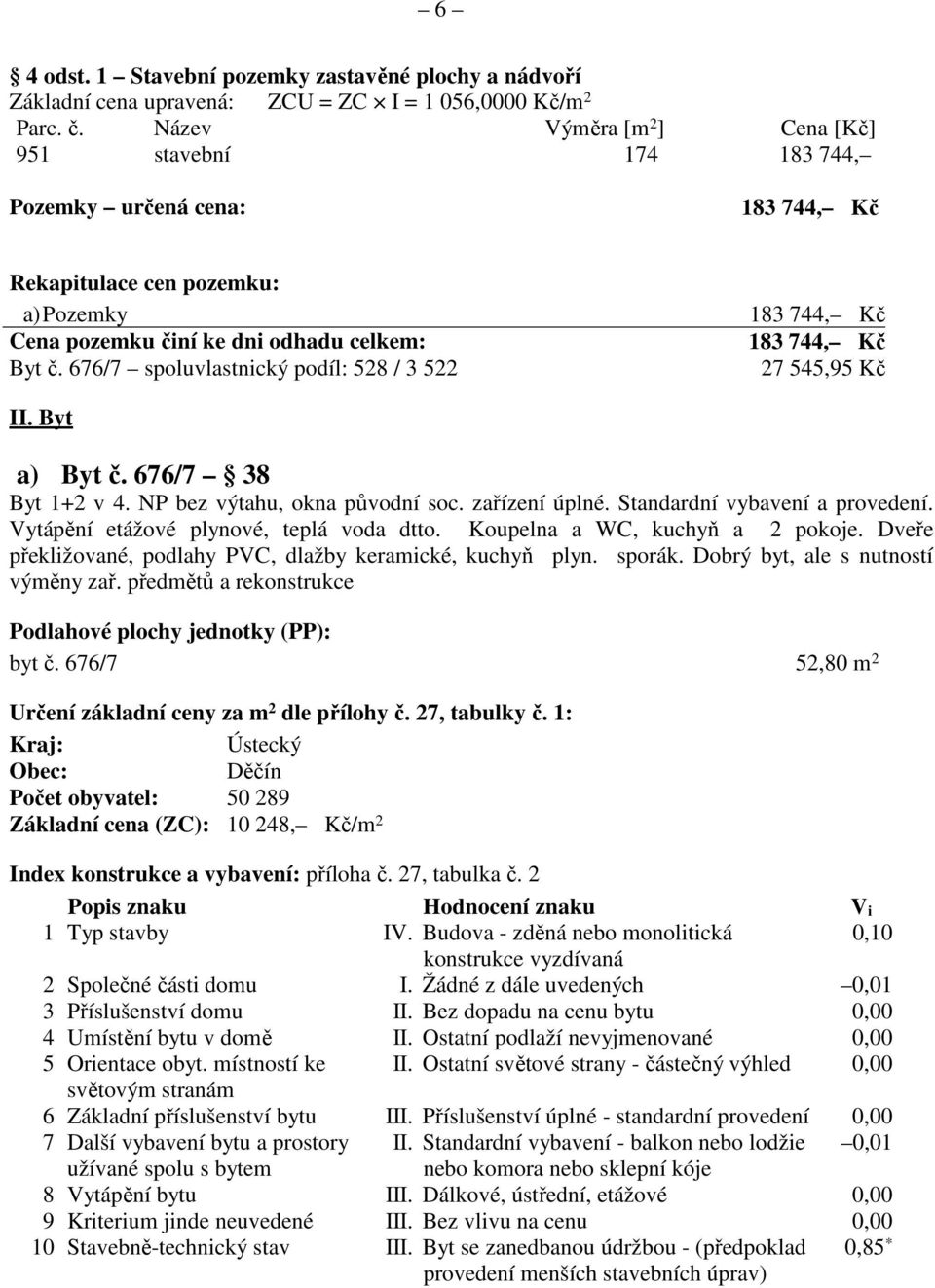 676/7 spoluvlastnický podíl: 528 / 3 522 183 744, Kč 183 744, Kč 27 545,95 Kč II. Byt a) Byt č. 676/7 38 Byt 1+2 v 4. NP bez výtahu, okna původní soc. zařízení úplné. Standardní vybavení a provedení.