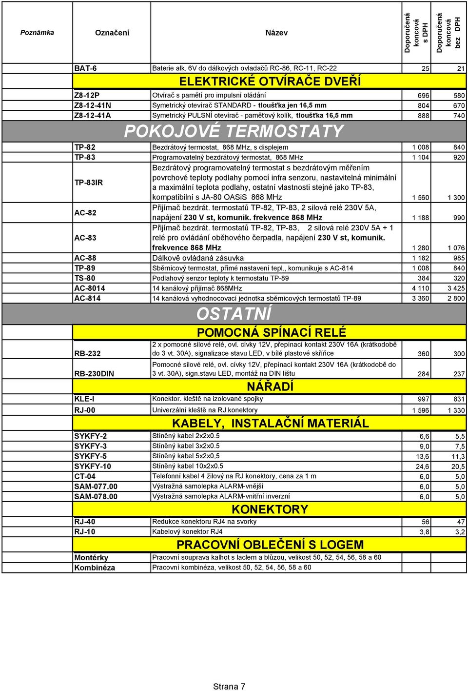 PULSNÍ otevírač - paměťový kolík, tloušťka 16,5 mm 888 740 TP-82 Bezdrátový termostat, 868 MHz, s displejem 1 008 840 TP-83 Programovatelný bezdrátový termostat, 868 MHz 1 104 920 TP-83IR Bezdrátový