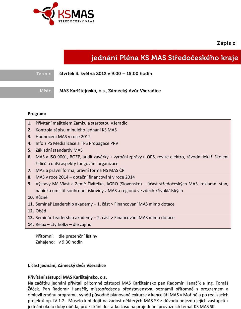 MAS a ISO 9001, BOZP, audit závěrky + výroční zprávy u OPS, revize elektro, závodní lékař, školení řidičů a další aspekty fungování organizace 7. MAS a právní forma, právní forma NS MAS ČR 8.