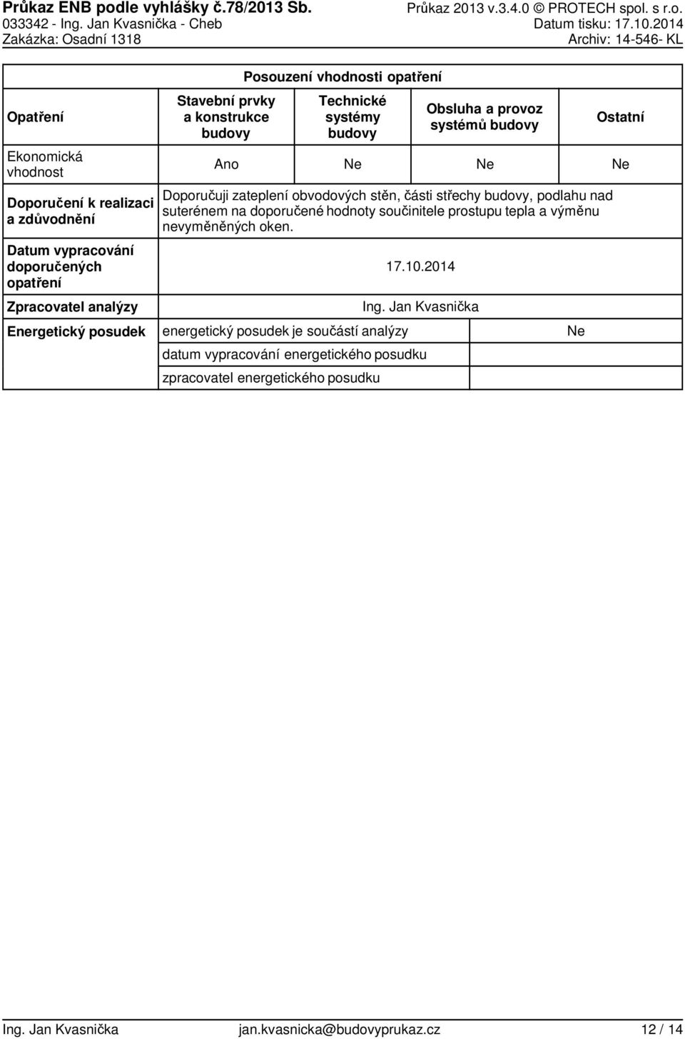 v.3.4. PROTECH spol. s r.o. 33342 Ing. Jan Kvasnička Cheb Datum tisku: 17