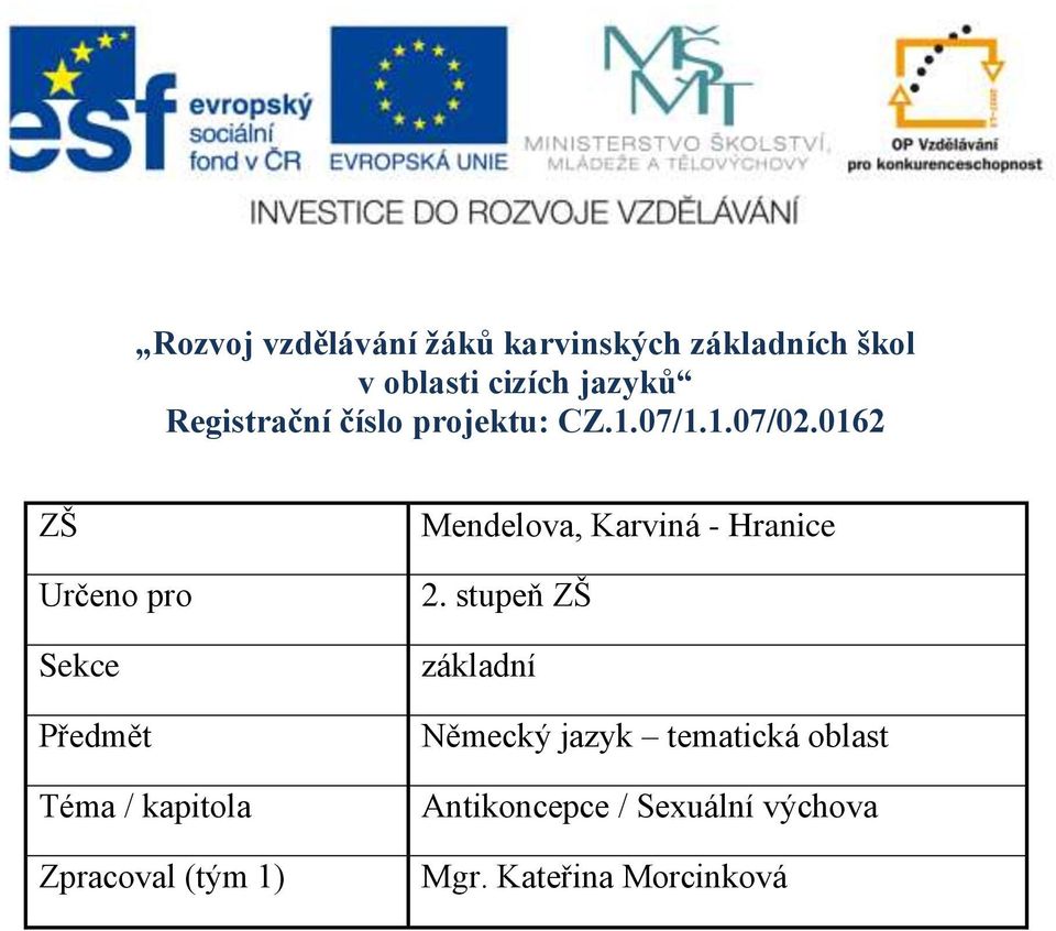 0162 ZŠ Určeno pro Sekce Předmět Téma / kapitola Zpracoval (tým 1) Mendelova,