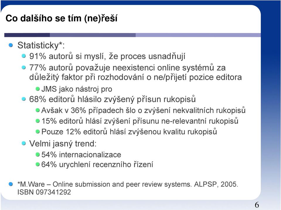 zvýšení nekvalitních rukopisů 15% editorů hlásí zvýšení přísunu ne-relevantní rukopisů Pouze 12% editorů hlásí zvýšenou kvalitu rukopisů Velmi