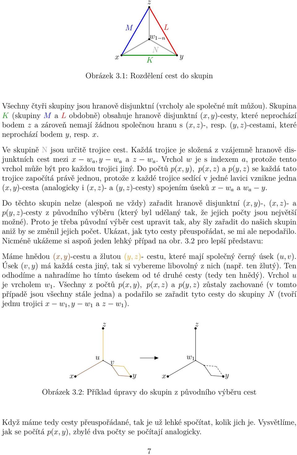 (y, z)-cestami, které neprochází bodem y, resp. x. Ve skupině N jsou určitě trojice cest. Každá trojice je složená z vzájemně hranově disjunktních cest mezi x w a, y w a a z w a.