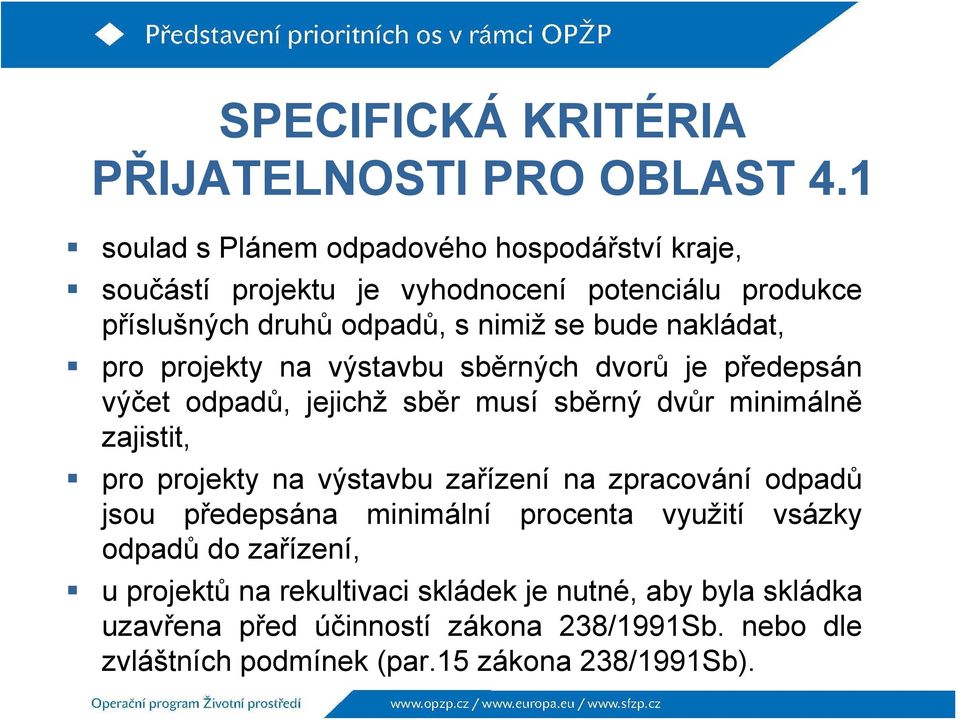 nakládat, pro projekty na výstavbu sběrných dvorů je předepsán výčet odpadů, jejichž sběr musí sběrný dvůr minimálně zajistit, pro projekty na