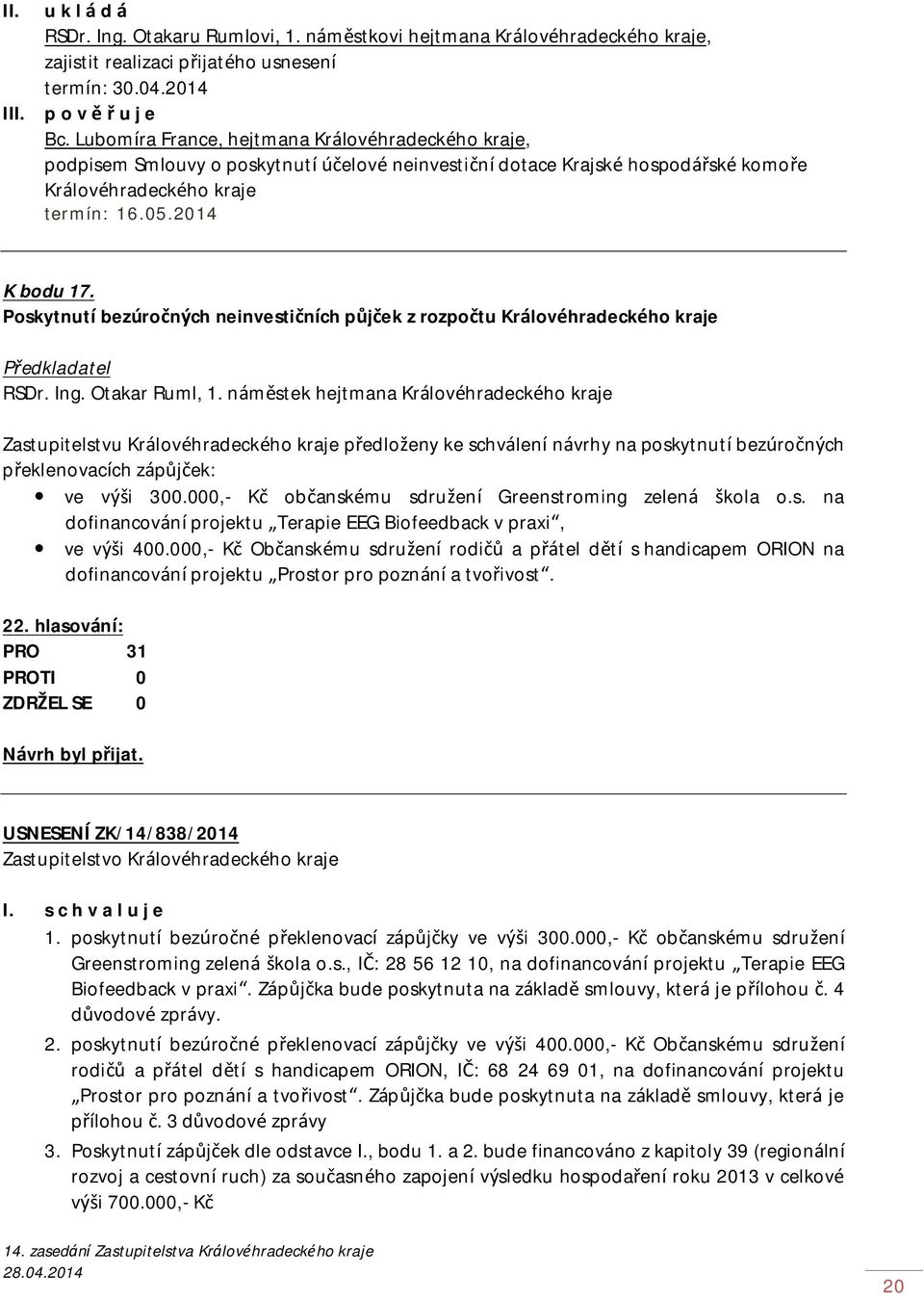 Poskytnutí bezúročných neinvestičních půjček z rozpočtu Královéhradeckého kraje RSDr. Ing. Otakar Ruml, 1.