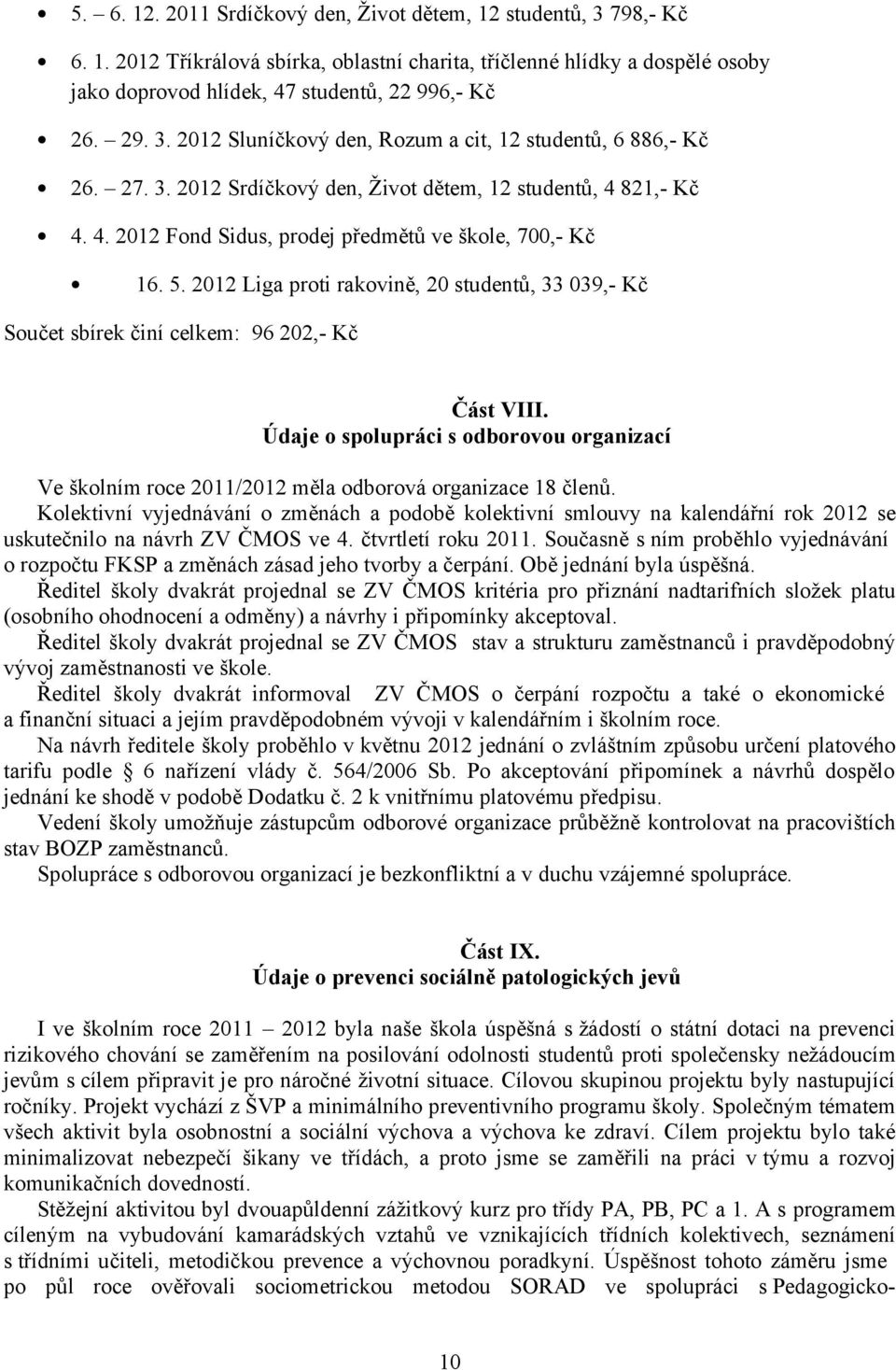 2012 Liga proti rakovině, 20 studentů, 33 039,- Kč Součet sbírek činí celkem: 96 202,- Kč Část VIII.