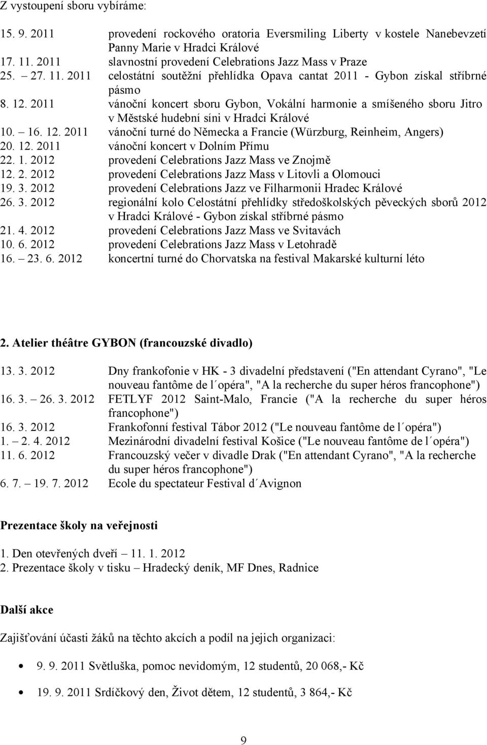 2011 vánoční koncert sboru Gybon, Vokální harmonie a smíšeného sboru Jitro v Městské hudební síni v Hradci Králové 10. 16. 12. 2011 vánoční turné do Německa a Francie (Würzburg, Reinheim, Angers) 20.