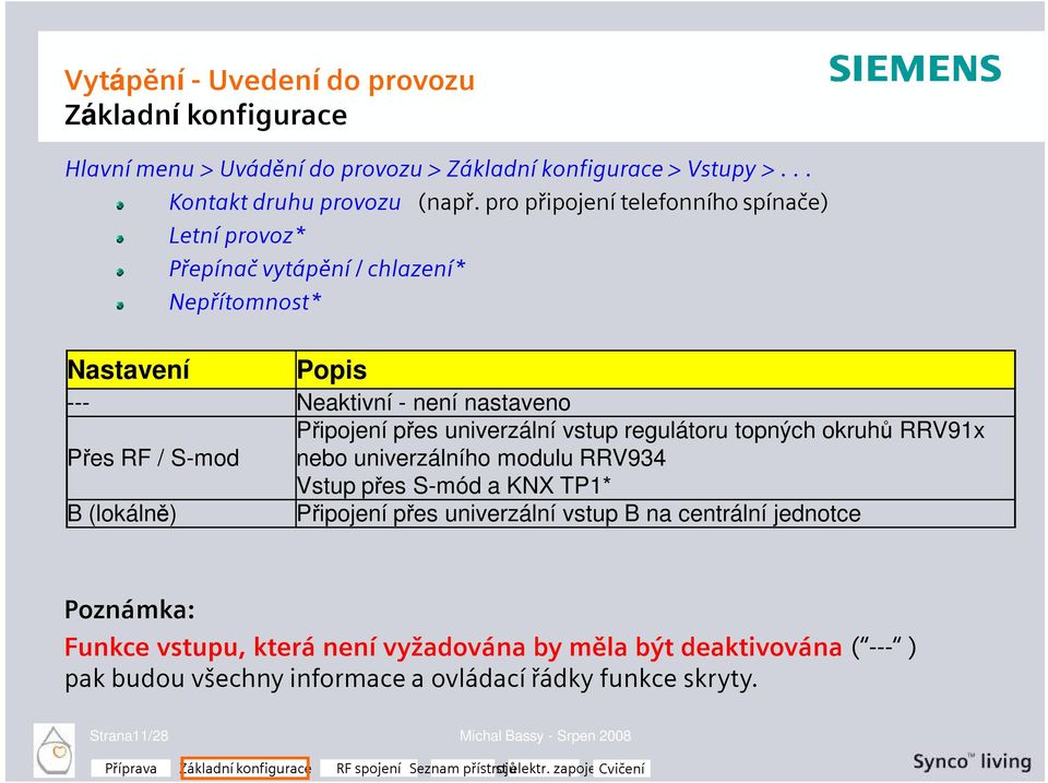 univerzální vstup regulátoru topných okruhů RRV91x Přes RF / S-mod nebo univerzálního modulu RRV934 Vstup přes S-mód a KNX TP1* B (lokálně) Připojení přes