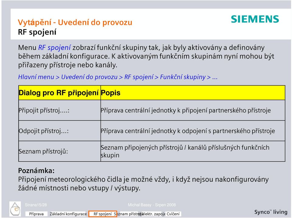 .. Dialog pro RF připojení Popis Připojit přístroj...: Příprava centrální jednotky k připojení partnerského přístroje Odpojit přístroj.