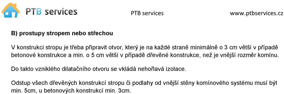 o 5 cm větší v případě dřevěné konstrukce, než je vnější rozměr komínu.