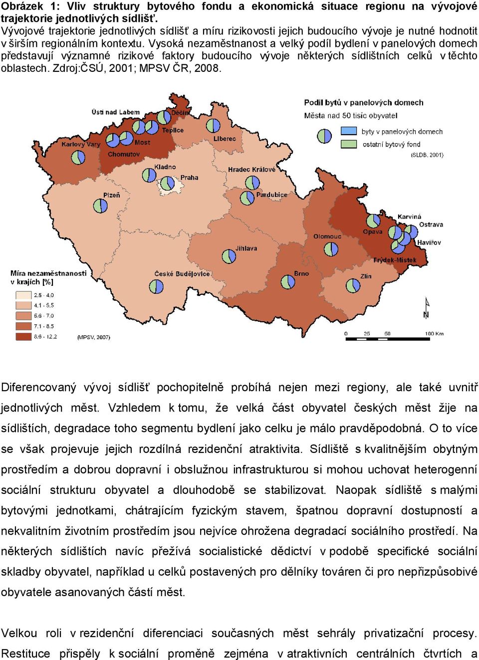 Vysoká nezaměstnanost a velký podíl bydlení v panelových domech představují významné rizikové faktory budoucího vývoje některých sídlištních celků v těchto oblastech. Zdroj:ČSÚ, 2001; MPSV ČR, 2008.