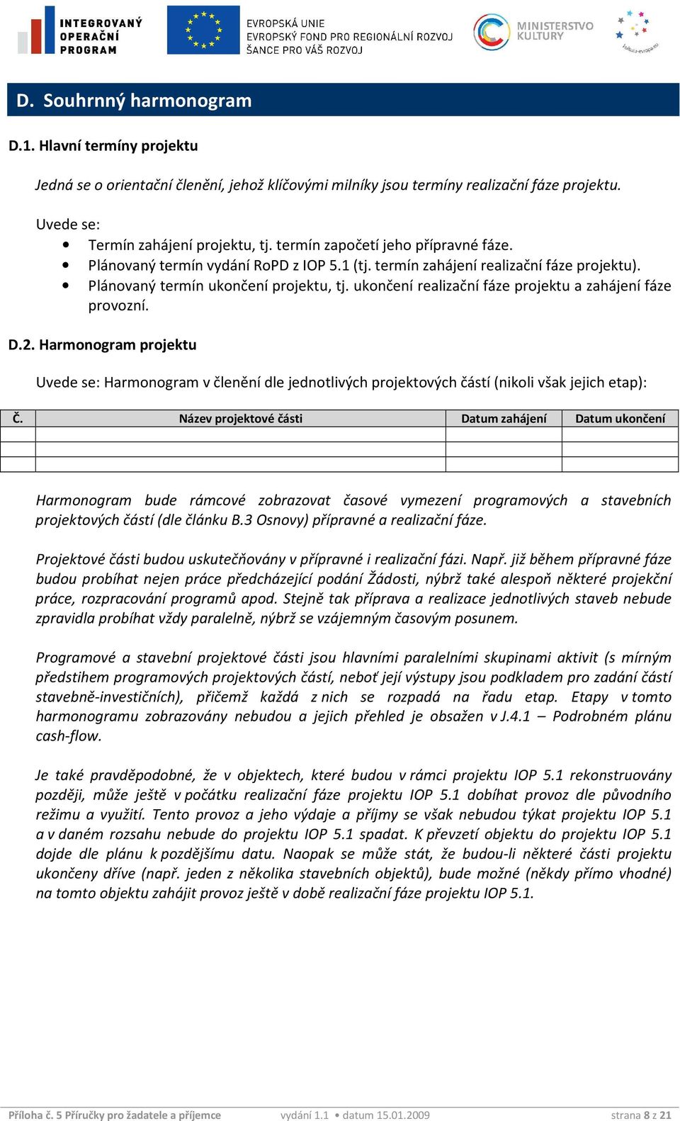 ukončení realizační fáze projektu a zahájení fáze provozní. D.2. Harmonogram projektu Harmonogram v členění dle jednotlivých projektových částí (nikoli však jejich etap): Č.