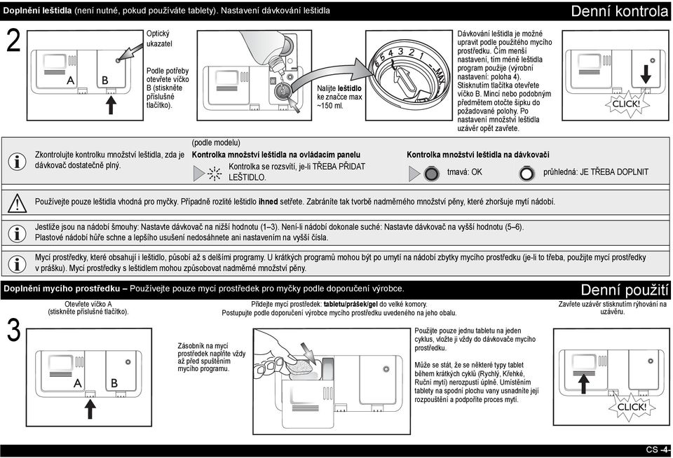 (podle modelu) Kontrolka množství leštidla na ovládacím panelu Kontrolka se rozsvítí, je-li TŘEBA PŘIDAT LEŠTIDLO. Dávkování leštidla je možné upravit podle použitého mycího prostředku.