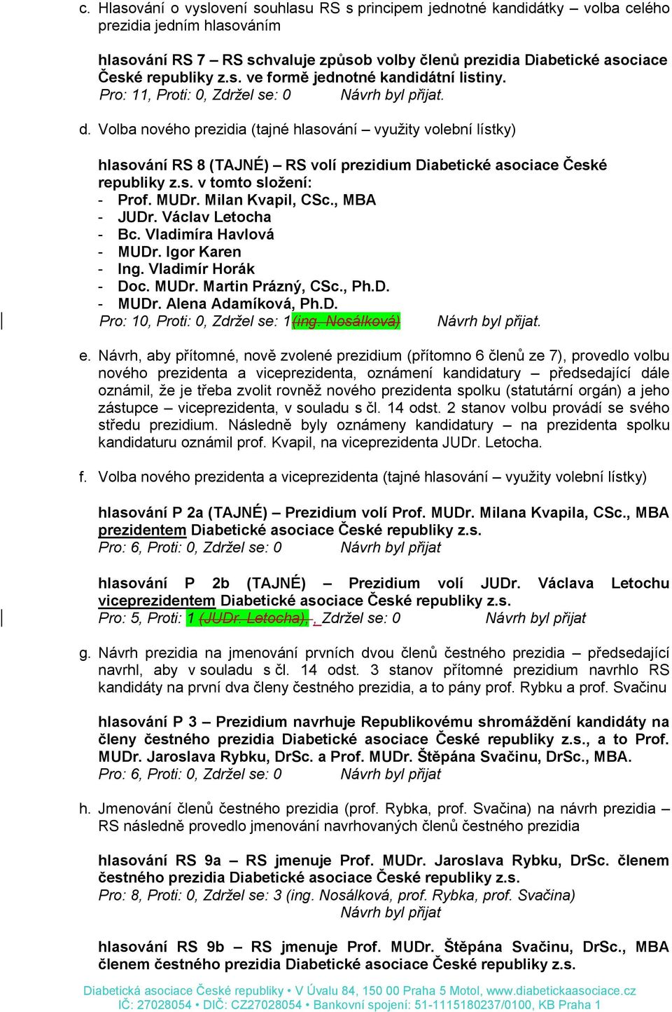 MUDr. Milan Kvapil, CSc., MBA - JUDr. Václav Letocha - Bc. Vladimíra Havlová - MUDr. Igor Karen - Ing. Vladimír Horák - Doc. MUDr. Martin Prázný, CSc., Ph.D. - MUDr. Alena Adamíková, Ph.D. e.