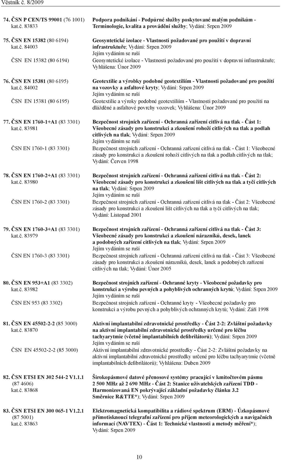 ČSN EN 953+A1 (83 3302) kat.č. 83982 ČSN EN 953 (83 3302) 81. ČSN EN 45502-2-2 (85 3000) kat.č. 83870 ČSN EN 45502-2-2 (85 3000) 82. ČSN ETSI EN 302 544-2 V1.1.1 (87 4606) kat.č. 83868 83.