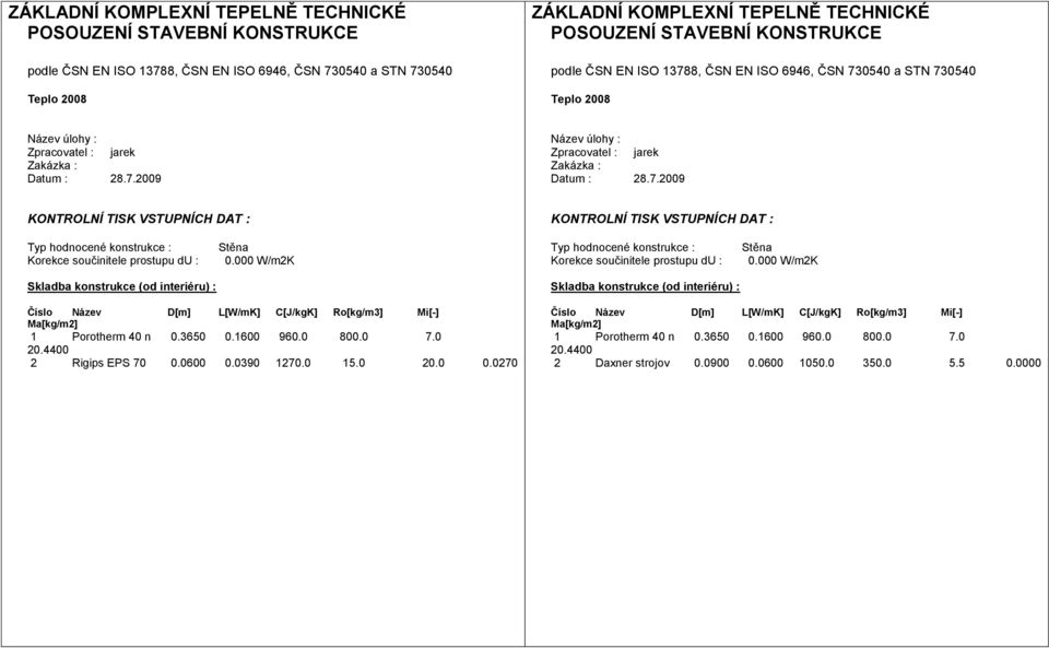 7.2009 KONTROLNÍ TISK VSTUPNÍCH DAT : KONTROLNÍ TISK VSTUPNÍCH DAT : Typ hodnocené konstrukce : Korekce součinitele prostupu du : Stěna 0.