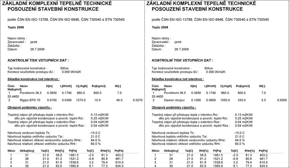 7.2009 KONTROLNÍ TISK VSTUPNÍCH DAT : KONTROLNÍ TISK VSTUPNÍCH DAT : Typ hodnocené konstrukce : Korekce součinitele prostupu du : Stěna 0.