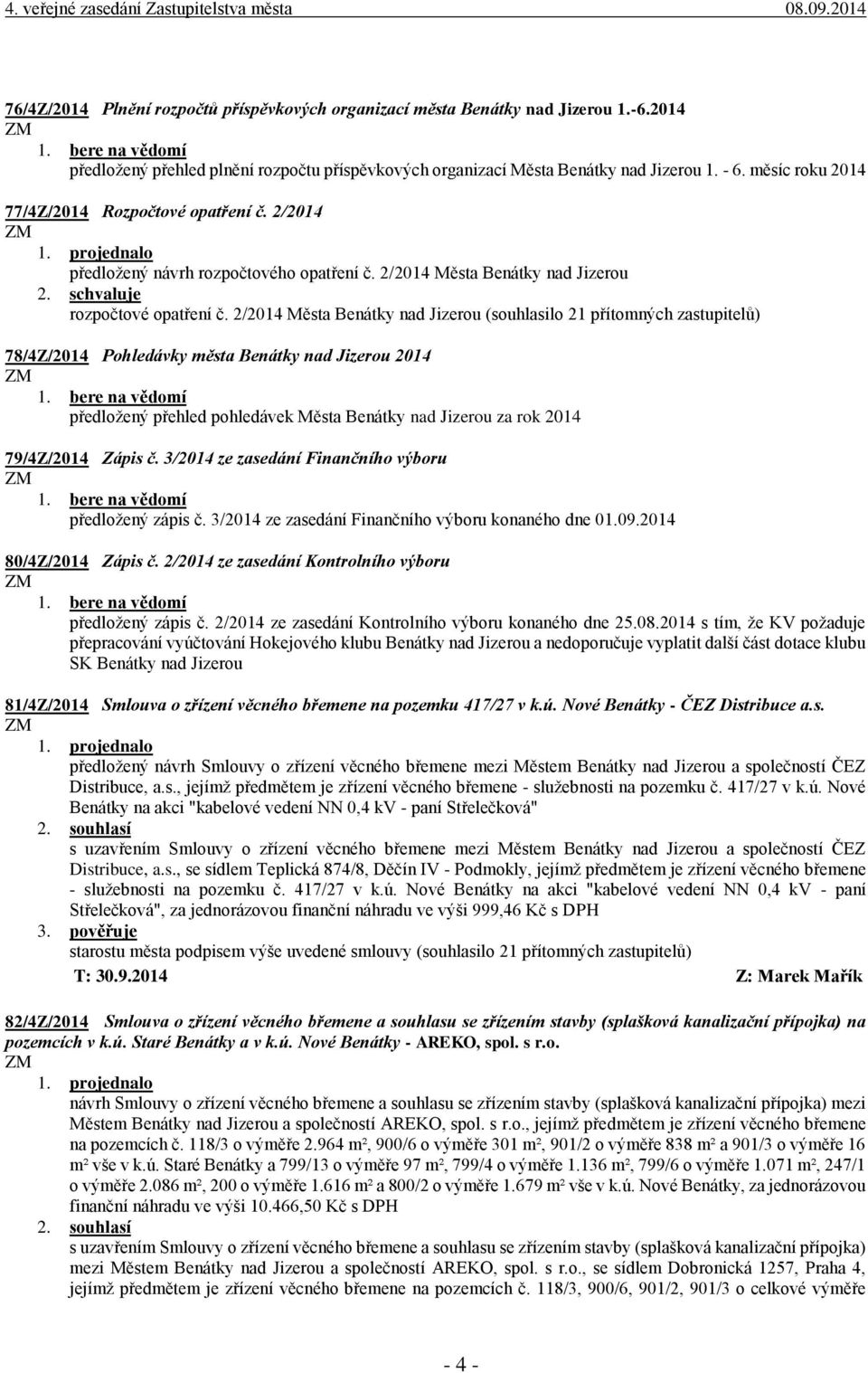 2/2014 Města Benátky nad Jizerou (souhlasilo 21 přítomných zastupitelů) 78/4Z/2014 Pohledávky města Benátky nad Jizerou 2014 předložený přehled pohledávek Města Benátky nad Jizerou za rok 2014
